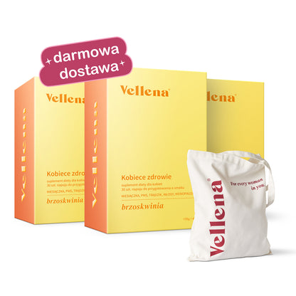 Kobiece zdrowie | Napój 3-PACK + torba GRATIS | Brzoskwinia | Vellena