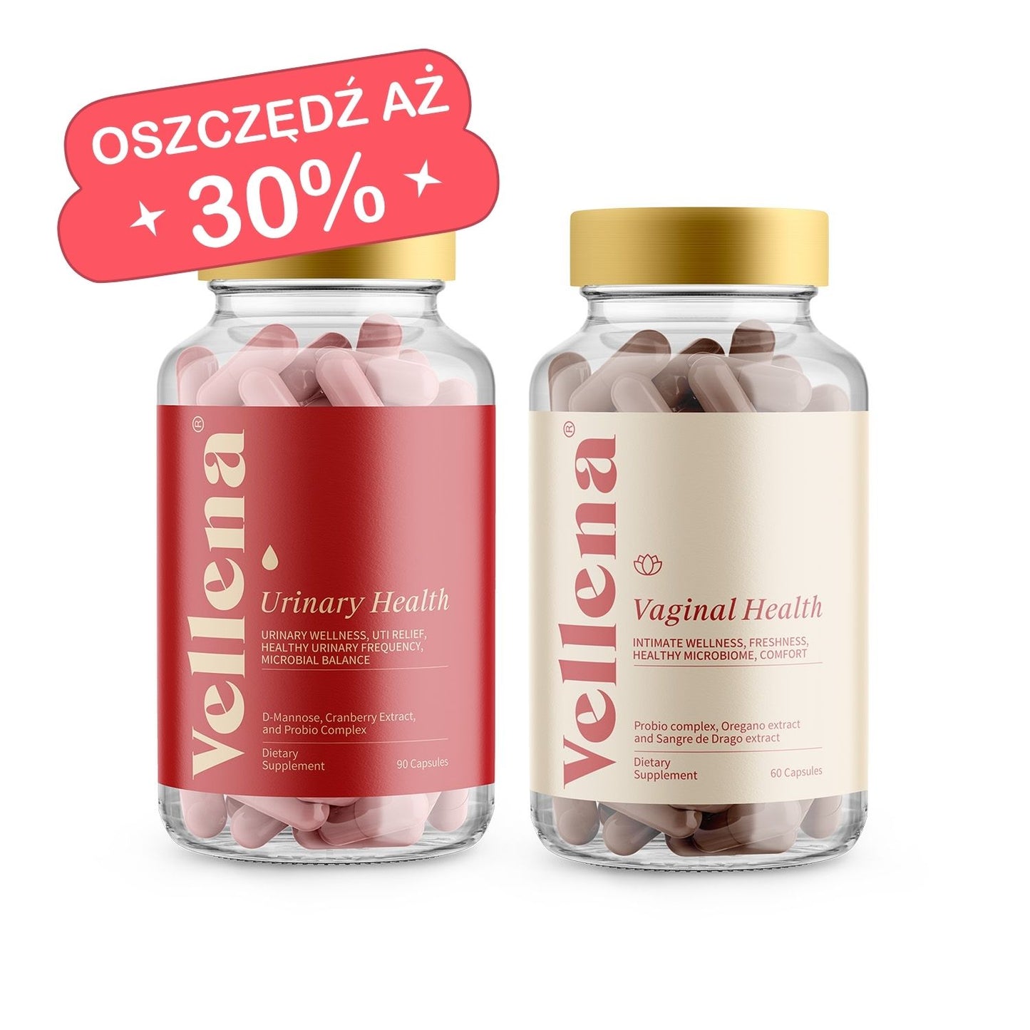 Zestaw promocyjny na zdrowie intymne | Zdrowie dróg moczowych + Zdrowie intymne | Kapsułki | Vellena